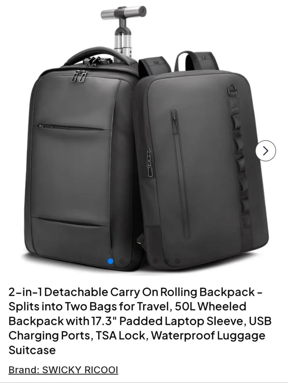 2-in-1 Detachable Carry-On Rolling Backpack TSA Lock Dual Charging Ports 50L